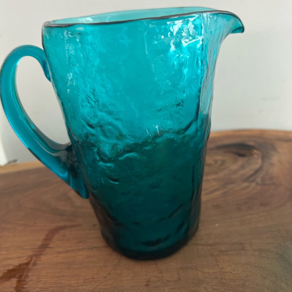 Vintage Morgantown Crinkle Teal Blue driftwood textured Pitcher Jug